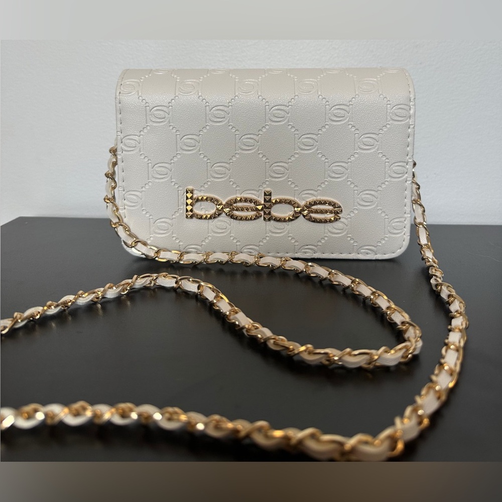 Bebe Gold Logo White Crossbody Bag